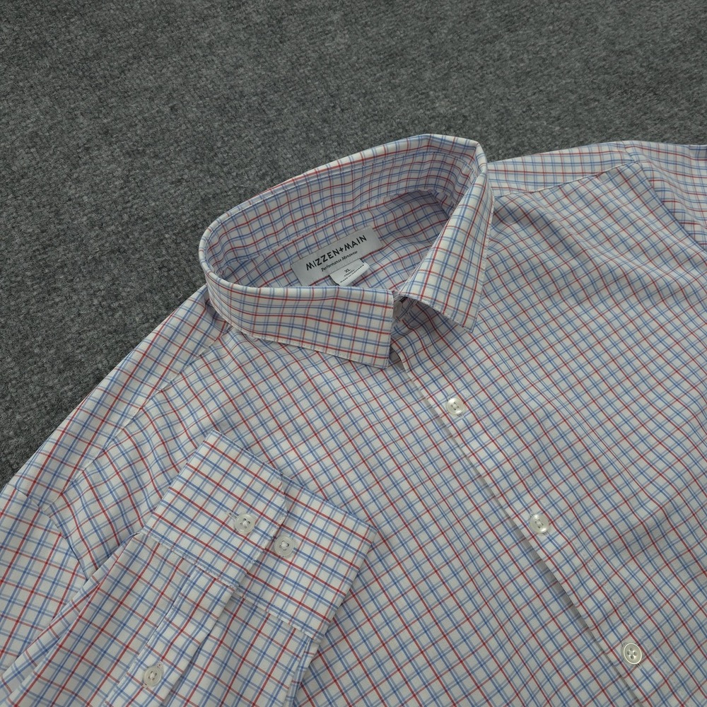 Mizzen‎ Main Shirt Mens XL White Check Performance Stretch Classic Fit Dress